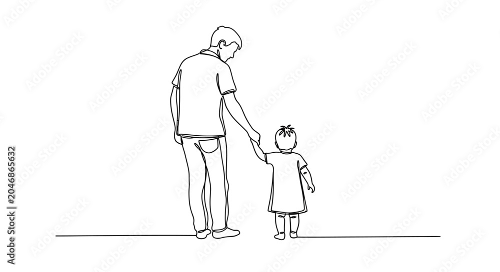 Obraz premium Father Holding Child's Hand, Continuous Line Drawing, Family Love Concept