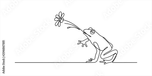 Tableau sur toile Frog catching a flower with its tongue