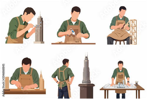 Professional Architect and Model Maker Crafting Detailed Miniature Skyscraper Models Set