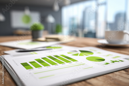 Sustainable business report green chart analysis finance office desk with eco data document near window calm professional mood
