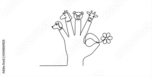 Bild auf Leinwand Hand with animal finger puppets and flower, one line drawing
