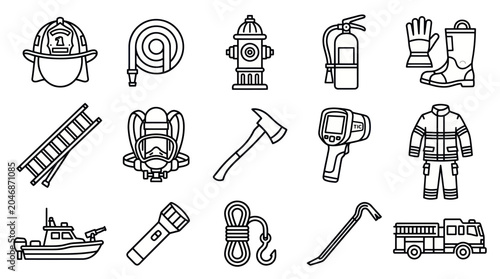 Firefighter Equipment Icons: Helmet, Hose, Hydrant, Extinguisher, Gear, Ladder, Mask
