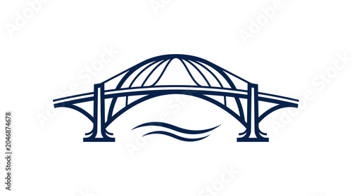 Modern Arch Bridge Silhouette over Water Waves, Minimalist Design