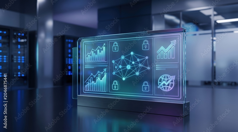 Fototapeta premium Futuristic holographic display showing data analytics and network security icons in server room, cloud computing concept, cybersecurity protection