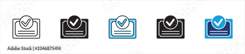 Certificate paper with check mark icon set. Usable for: certification, verification, approval, validation, quality control, compliance, quality assurance, accreditation. Vector illustration