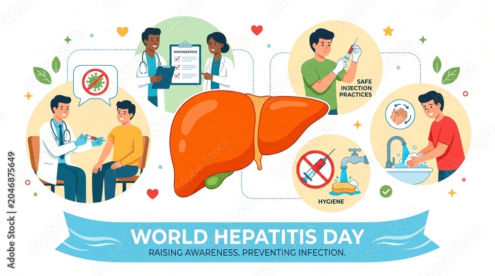 Obraz premium World Hepatitis Day medical infographic, human liver anatomy illustration, healthcare awareness banner for preventing infection and safe hygiene
