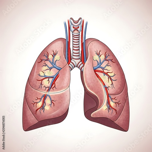Anatomical diagram of human lungs with bronchial tubes.
