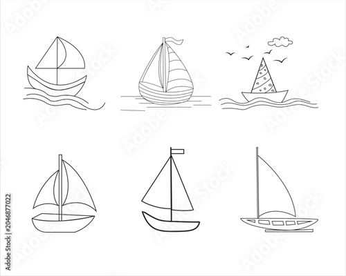 Kids Boat Coloring Book Page Set Vector – Clean Outline Drawing. 