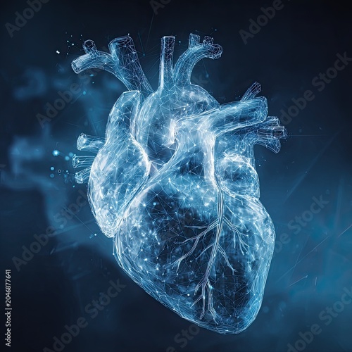 Futuristic translucent blue holographic heart showcases precise human anatomy structure against dark gradient space with scattered light particles, integrating medical cardiology research, digital