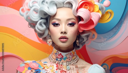 A woman gazes forward, framed by pastel colors and elaborate floral adornments