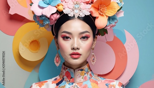 A woman with vibrant makeup and a flower crown, adorned with colorful background