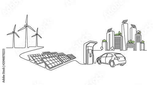 Renewable energy ecosystem illustration with solar panels and wind turbines