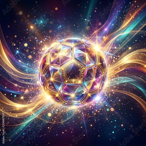 Futuristic Football Championship Concept with Luxury Crystal Ball and Flowing Light Wave Effects