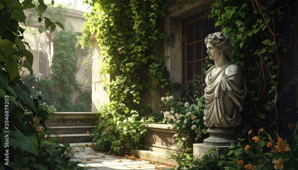 Obraz premium Enchanting Garden Sanctuary - A Classical Statue Amidst Lush Greenery.