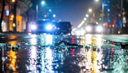 City Street Reflections - Cars and Lights on a Rainy Night.