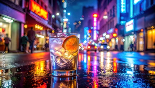 Gin and Tonic in a Glass on a Wet City Street.