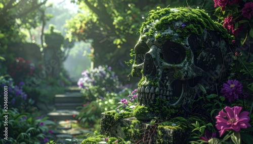 Enchanted Garden Skull - Mossy Sculpture Amidst Lush Foliage and Floral Beauty.