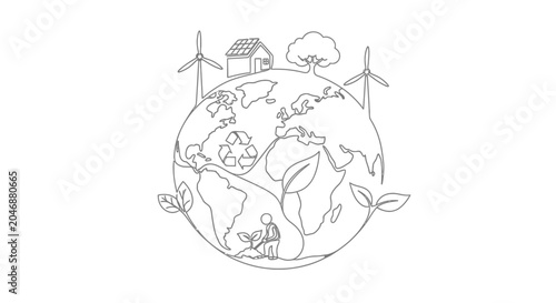 Eco-friendly Earth illustration with renewable energy, home, and sustainable living concept