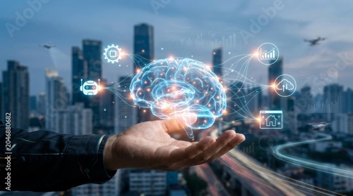 Digital Brain Concept with City Skyline and Futuristic Icons