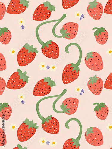 Seamless pastel pink strawberry pattern features cute cartoon flat design with bright red and soft pink strawberries, fresh green vines and calyxes, tiny white daisies with yellow centers, scattered