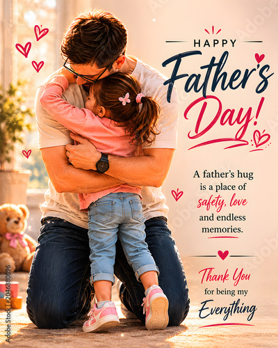 Happy Father's Day Poster with Loving Father Kneeling on the Floor and Deeply Hugging Little Daughter in Pink Sweater. Warm Emotional Concept of Parent and Child Bond.