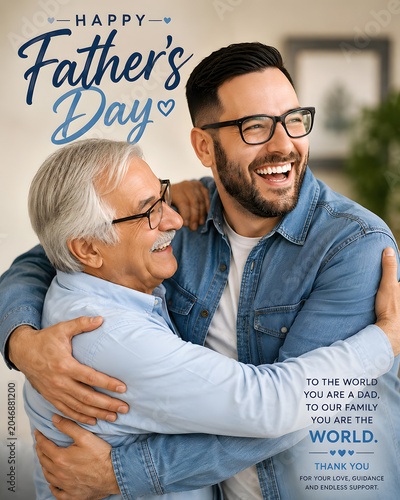 Happy Father's Day Poster with Cheerful Adult Son Hugging His Senior Elderly Father. Multi-Generational Men Smiling and Embracing Indoors with Loving Quote Text.
