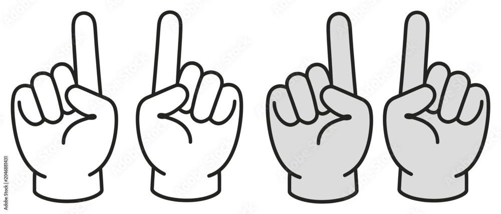 Fototapeta premium Four hands with index finger raised, two shades, black outlines on white pointing gesture sign language