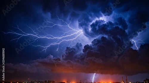 Quadro su tela Multiple simultaneous lightning strikes flashing across a dramatic stormy sky wi