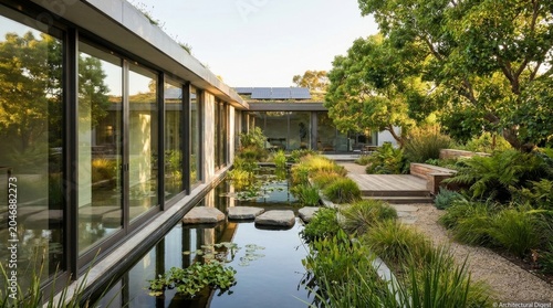 Modern Architectural Design with Serene Water Feature and Plants