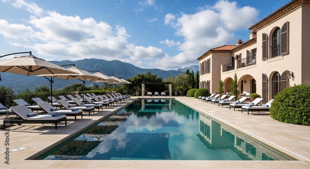 Fototapeta premium Luxury resort swimming pool with lounge chairs umbrellas and scenic mountain view perfect for vacation relaxation and outdoor leisure activities in sunny weather