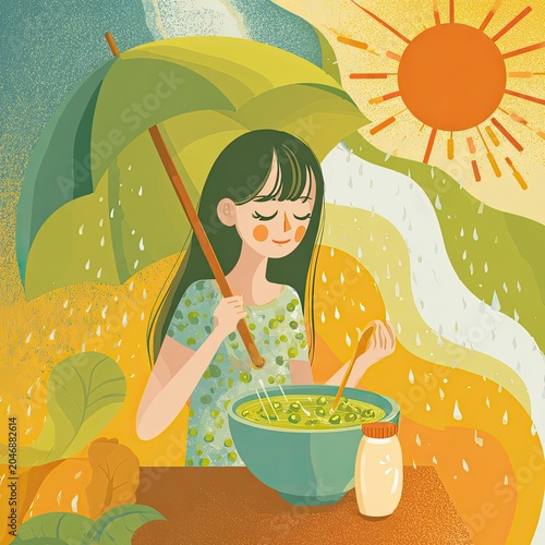 This warm, whimsical illustration depicts a young girl with dark green shoulder-length hair savoring a cool summer beverage under a small gradient umbrella during a gentle sunshower, with the bright