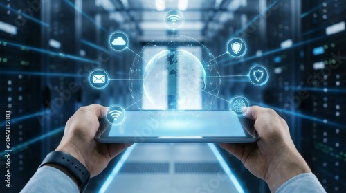 Futuristic Technology Concept with Tablet in Modern Data Center