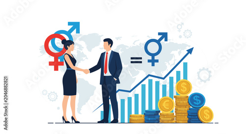 Gender equality in the workplace concept showing a businessman and businesswoman shaking hands for professional partnership.