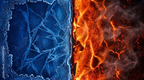 Foto Cracked blue ice border colliding with glowing hot fire and lava textures full f