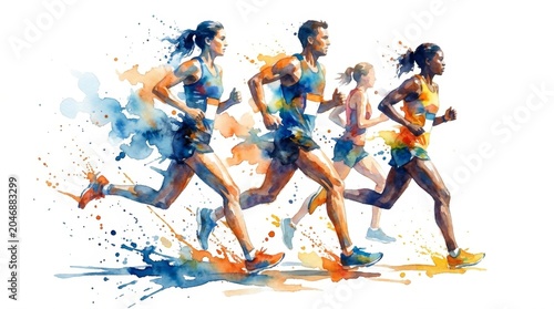 Dynamic Watercolor Illustration of Diverse Runners in Action