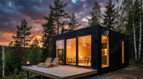 Modern Black Cabin in Forest During Sunset with Warm Lighting