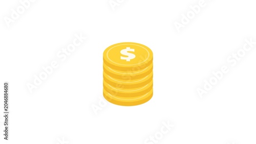 Gold Dollar Coins Falling and Stacking Up Animation on White Background