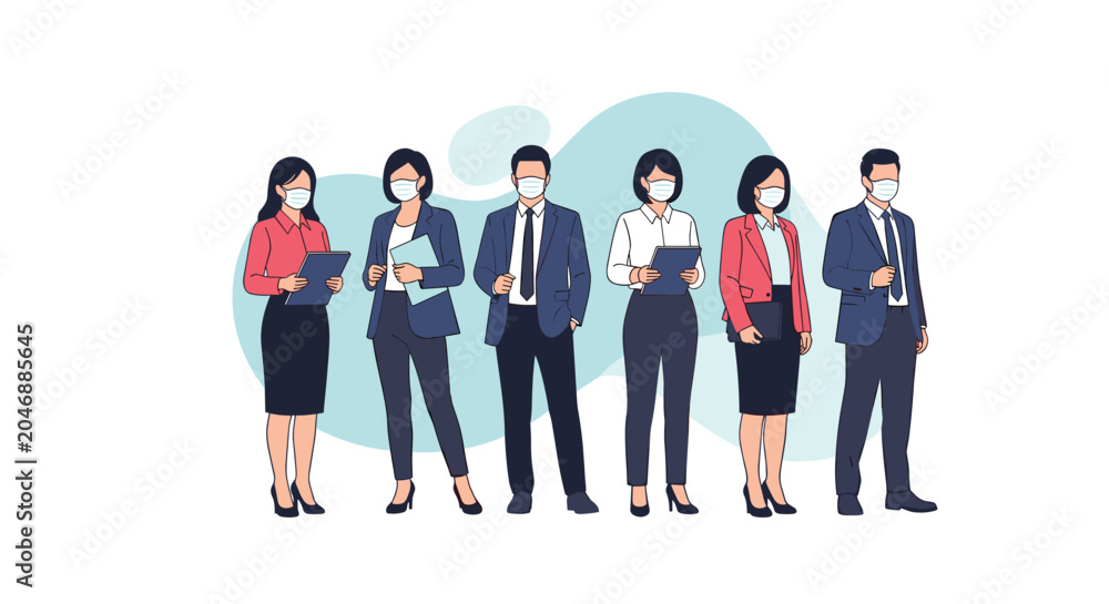 Obraz premium Group of professional diverse people wearing white protective face masks while standing together for a group photo.