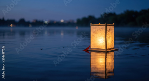 Lantern lake night water reflection candle calm serene dusk floating light solitude evening ritual wooden paper tranquil glow peaceful river