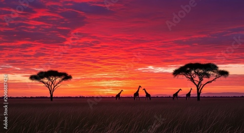Safari sunset, African landscape, acacia trees, giraffe silhouettes, vibrant sky