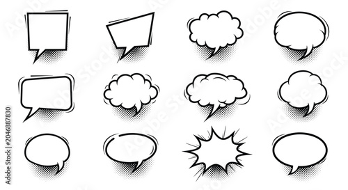 Collection of black and white comic book style speech bubbles and thought clouds with halftone shadow effects for graphic design.