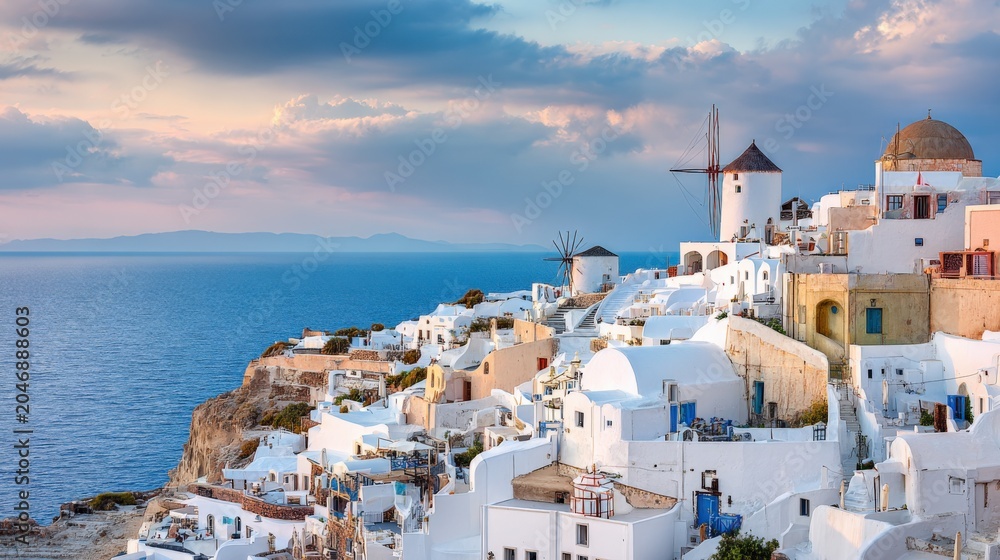 Fototapeta premium Iconic Whitewashed Village Clinging to a Cliffside Overlooking the Aegean Sea at Sunset