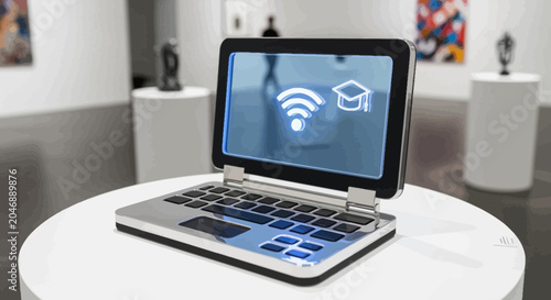 Laptop on a white table indoors.