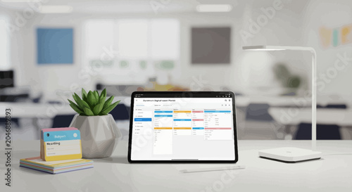 Laptop on office desk with calendar.