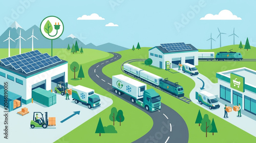 Sustainable energy logistics and transportation network illustration.