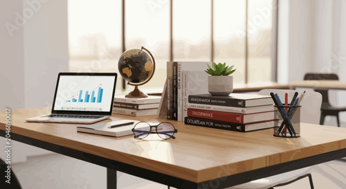Photos Wooden office desk with laptop computer.