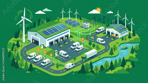 Sustainable energy infrastructure with electric vehicles and wind turbines.