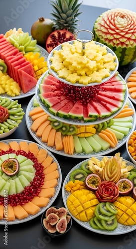 Colorful fruit platter with tropical and citrus varieties.