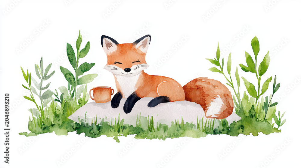 Naklejka premium Cute fox resting on pillow surrounded by green plants and grass, exuding peaceful and serene vibe