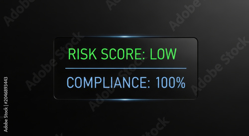 Risk score low compliance 100 percent digital screen showing artificial intelligence governance concept for secure data